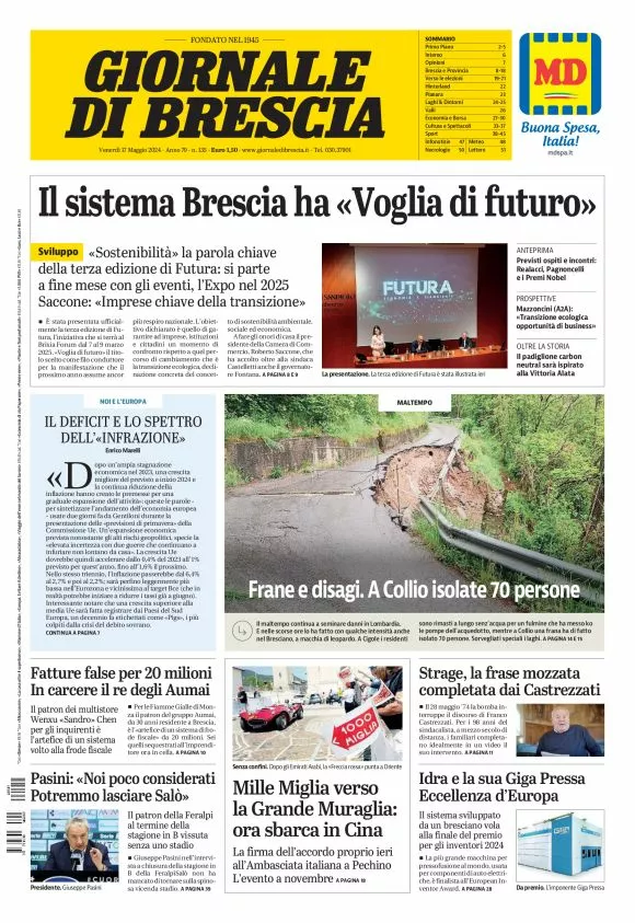 Prima-pagina-giornale di brescia-oggi-edizione-del-2024-05-17